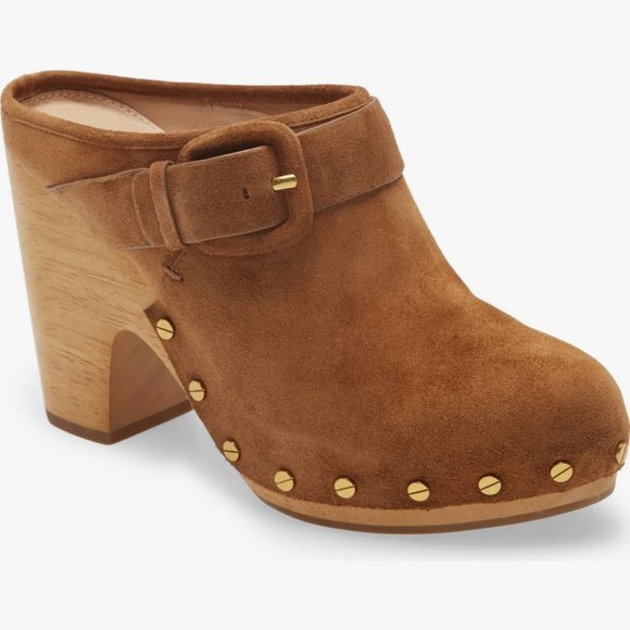 NWOB Veronica Beard Dacey Buckle Pecan Suede Clogs